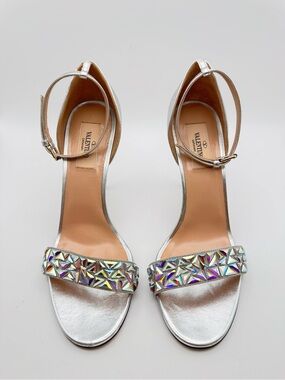 Valentino Garavani Silver Crystal Ankle Strap Sandals EU 37.5 Heels